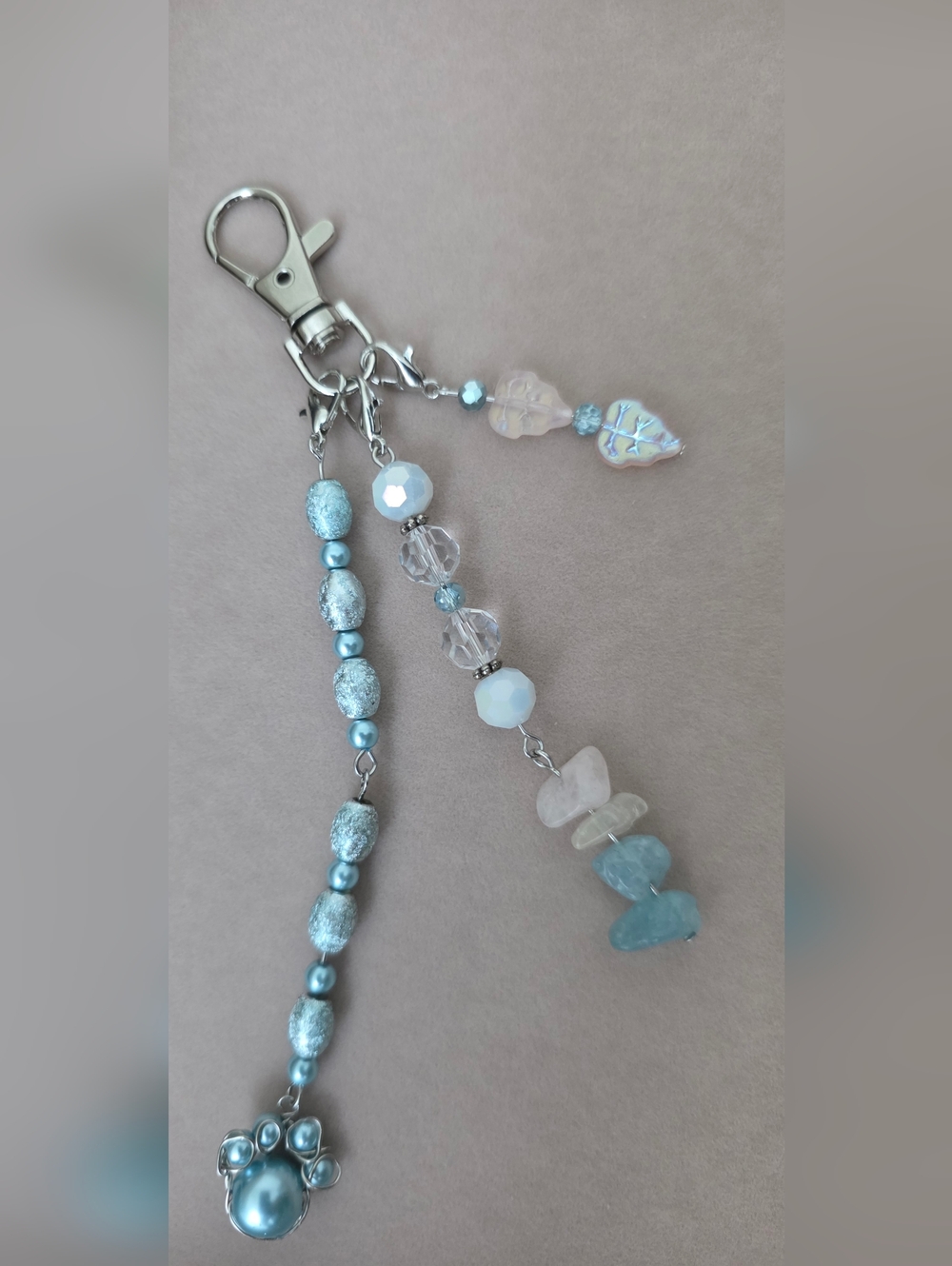 Handmade Blue Beaded Keychain/Purse Charm with Wire-wrapped Paw Print Charm